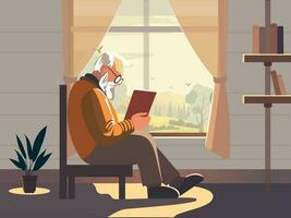 idosos homem personagem lendo livro em cadeira com estantes, cortinas e natureza panorama através janela. vetor