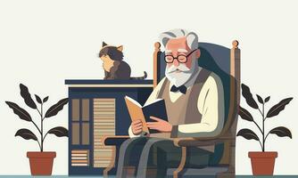 idosos homem personagem lendo livro em cadeira, plantar panelas e gato sentado às estantes de livros ilustração. vetor