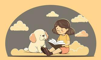 fofa menina personagem lendo livro e desenho animado cachorro sentado em cinzento e pastel laranja nuvens fundo. vetor