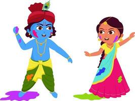 ilustração do pequeno senhor Krishna e Radha personagem jogando cores juntos para feliz holi conceito. vetor