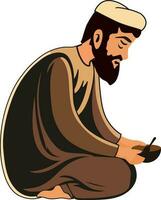 barba muçulmano homem segurando tigela com colher ícone dentro sentado pose. vetor