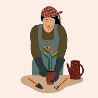 mulher vestindo manto de trabalho cuidando de flores em vasos plantando flores de strelitzia agricultura em casa conceito ficar em casa jardineiro passatempo vetor