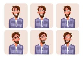 grande conjunto de emoticons masculinos avatares de homem mostrando diferentes emoções feliz sorriso triste zangado amor surpreso chateado risada expressões faciais estilo cartoon ilustração vetorial vetor