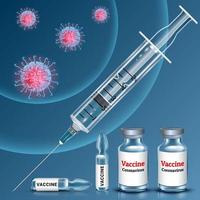 vacinação banner médico seringa e ampolas com vacina de coronavírus prevenindo uma segunda onda de infecção covid 19 ilustração vetorial realista em 3D vetor