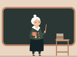 idosos fêmea professor mostrando bastão com esvaziar quadro-negro, livros às Banqueta ilustração. feliz professores dia conceito. vetor
