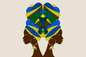 retrato lindo afro mulher. shenbolen Ancara quebra cabeça mulheres africano tradicional gravata cachecol turbante. kente cabeça envoltórios africano tribal batik tecido Projeto. vetor mulheres diversidade conceito fundo
