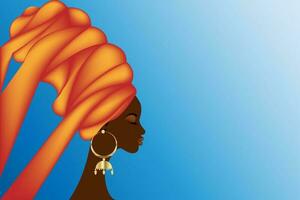 perfil do afro americano senhora Veja esvaziar espaço, vestem étnico turbante e ouro brincos, vetor isolado em azul cor fundo, beleza africano mulher moda modelo folheto, cópia de espaço para texto