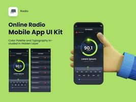 conectados rádio Móvel aplicativo ui kit Incluindo fm rádio, estação telas para responsivo sites. vetor