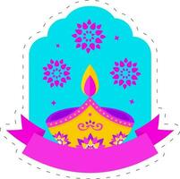 feliz diwali celebração conceito com aceso óleo luminária diya, mandala ou flor em azul e branco fundo. vetor