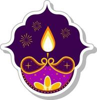 adesivo estilo queimando diya óleo luminária para feliz diwali celebração contra roxa fundo. vetor
