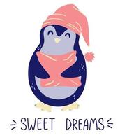 pinguim fofo com um travesseiro bons sonhos boa noite conceito elementos de design para berçário roupas de bebê adesivos ilustração animal pôster ilustração vetorial pinguim engraçado escandinavo vetor
