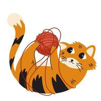 gato tocam com uma bola do fio. feliz fofa deitado em a Preto gato personagem com vermelho bola do lã fio. engraçado amigáveis doméstico animal, animal. vetor plano ilustração isolado em a branco fundo