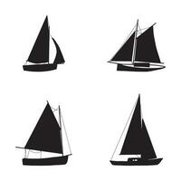 pescaria barco Preto silhueta. pequeno navios dentro plano Projeto. criança brinquedo estilo. vetor ilustração em branco fundo