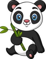 fofa bebê desenho animado panda segurando bambu folhas vetor