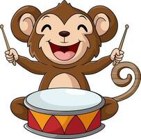 fofa pequeno macaco desenho animado jogando bateria vetor