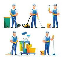 conjunto do limpeza serviço homem com diferente equipamento. masculino governanta desenho animado personagem vetor
