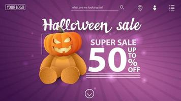 Halloween sale 50 off roxo moderno banner com ursinho de pelúcia com cabeça de jack abóbora vetor