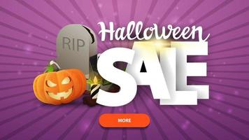 Banner horizontal roxo de venda de halloween com letras grandes lápide e jack de abóbora vetor