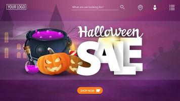 modelo de venda de halloween a página principal do site com o banner de desconto pote de bruxas e jack de abóbora vetor