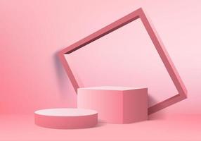Produtos de fundo 3D exibem cena de pódio com vetor de fundo de plataforma geométrica Renderização em 3D com suporte de pódio para mostrar vitrine de palco de produtos cosméticos em estúdio rosa de exibição de pedestal