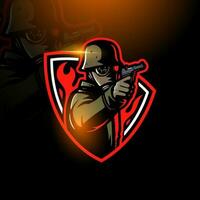 soldado com arma de fogo esport equipe logotipo jogos vetor