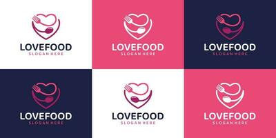 coleções do amor Comida logotipo Projeto com garfo, colher e coração Projeto gráfico vetor ilustração. símbolo para saudável comida, ícone, criativo.