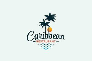 caribe restaurante logotipo com uma combinação do lindo letras, Palmeiras e pôr do sol. vetor