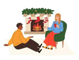 casal comunicar de lareira às lar. feliz homem e mulher relaxante dentro vivo quarto dentro inverno tarde às natal véspera. plano gráfico vetor ilustração isolado em branco fundo.