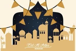 Cartão de celebração eid al adha com paisagem urbana árabe e guirlandas vetor