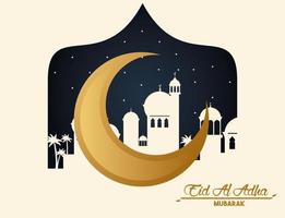 Cartão de celebração eid al adha com lua e paisagem urbana vetor