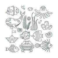 conjunto do marinho elementos algas marinhas, polvo, barco, pedras, peixe, baiacu peixe, baleia. linha arte. vetor