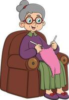velho mulher fazendo tricô trabalhos com feliz sentindo, em desenho animado personagem, isolado em branco fundo vetor