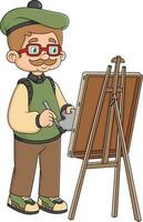 velho masculino pintor personagem aguarde pincel dentro mão dentro frente do tela de pintura em cavalete desenhando com óleo tintas vetor