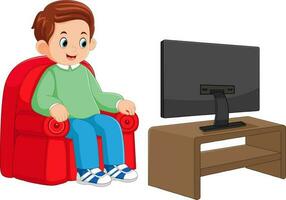 uma pai é relaxante em uma vermelho sofá e assistindo televisão vetor