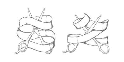 tesouras dentro a fita esboço. cabeleireiro tesoura de jardim ferramenta. vetor ilustração