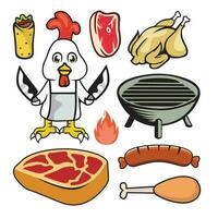 conjunto do Comida ícones com frango, carne, vegetais, bife, Kebab vetor