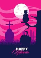 cartão comemorativo de feliz dia das bruxas com gato na cena do cemitério vetor