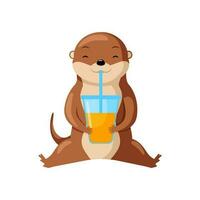 fofa lontra bebendo suco isolado em branco fundo. sorridente desenho animado personagem sentado feliz. vetor