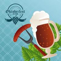 cartaz do festival de celebração da oktoberfest com copo de cerveja e salsicha no garfo vetor