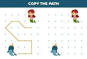 Educação jogos para crianças cópia de a caminho Socorro narval mover para a sereia imprimível embaixo da agua planilha vetor
