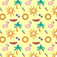 colorida desatado verão padronizar com Palma árvore, flamingo e rosquinha borracha anel, sorvete cone, oculos de sol, guarda-chuva, Melancia vetor