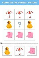 Educação jogos para crianças para escolher e completo a corrigir cenário do uma fofa desenho animado capa de chuva guarda-chuva ou bota imprimível vestível planilha vetor