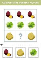 Educação jogos para crianças para escolher e completo a corrigir cenário do uma fofa desenho animado inhame batata ou repolho imprimível vegetal planilha vetor