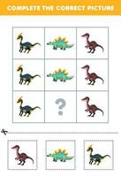 Educação jogos para crianças para escolher e completo a corrigir cenário do uma fofa desenho animado troodon estegossauro ou parasaurolophus imprimível dinossauro planilha vetor