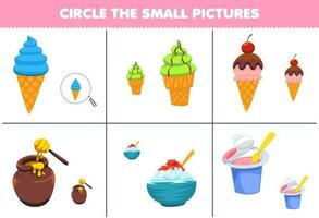 Educação jogos para crianças círculo a pequeno cenário do fofa desenho animado gelo creme querida iogurte imprimível Comida planilha vetor