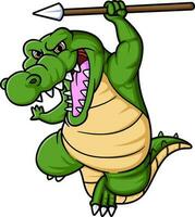Bravo crocodilo desenho animado segurando uma lança vetor
