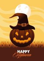 cartão de feliz festa de halloween com chapéu de abóbora e bruxa vetor