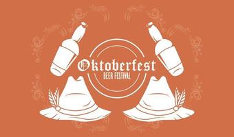 pôster do festival de celebração da oktoberfest com garrafas de cerveja e chapéus tiroleses vetor