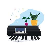 conceito de aulas de música online de autoeducação em casa ilustração vetorial com instrumento de piano e aplicativo educacional de música online vetor