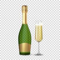champanhe 3d realista, garrafa dourada e ícone de vidro isolado vetor